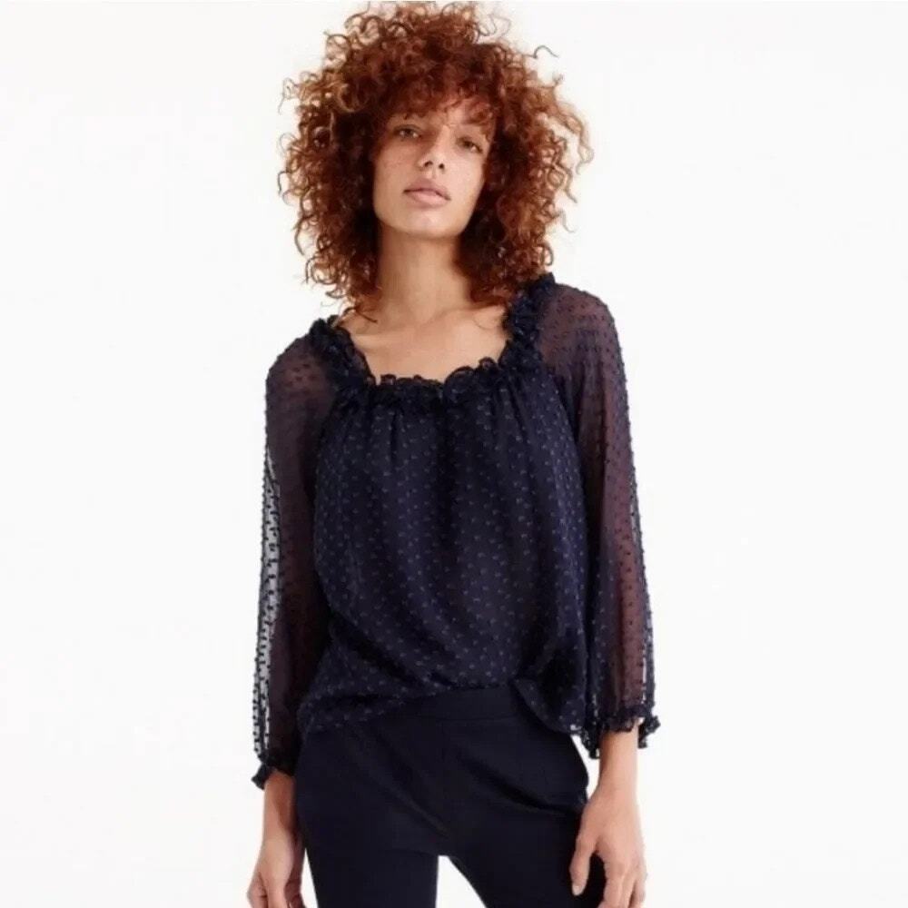 J. Crew Silk Ruffle Penny Long Sleeve Top Blouse in Clip Dot Navy Size XS
